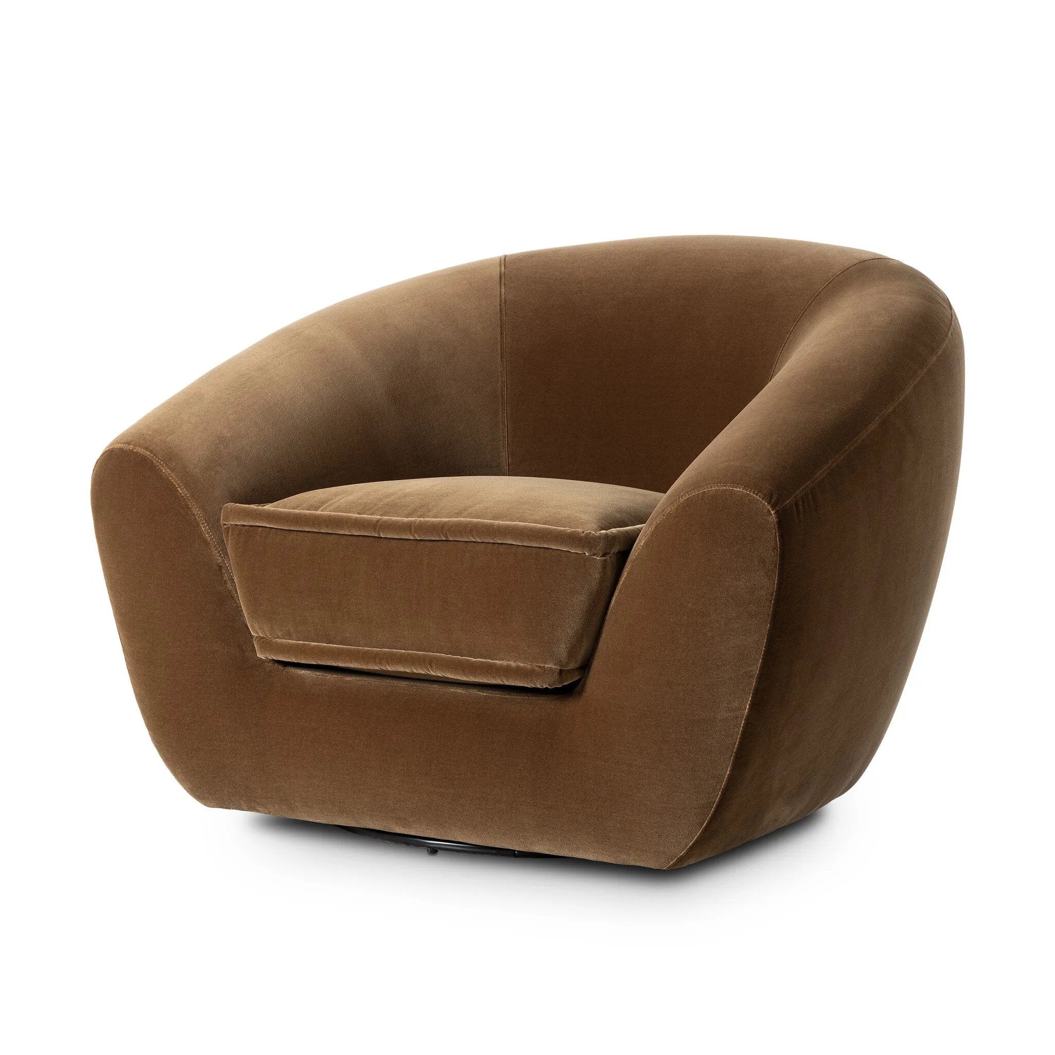 Inspired by French modernism with a nod to Jean Royere's design classic, the Polaire. Our take is defined by exaggerated curves, tapered arms and oversized welt detailing along the reversible seat cushion for a tailored look, finished with a 360-degree swivel. Amethyst Home provides interior design, new home construction design consulting, vintage area rugs, and lighting in the Charlotte metro area.