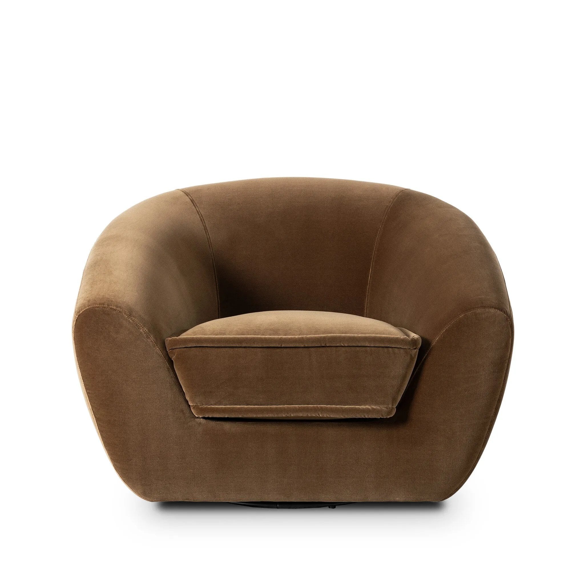 Inspired by French modernism with a nod to Jean Royere's design classic, the Polaire. Our take is defined by exaggerated curves, tapered arms and oversized welt detailing along the reversible seat cushion for a tailored look, finished with a 360-degree swivel. Amethyst Home provides interior design, new home construction design consulting, vintage area rugs, and lighting in the Houston metro area.