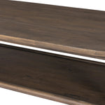 Crafted from brown reclaimed wood enriched with natural antiquing. A rounded bullnose edge and the lower shelf add functionality, while the round ball details provide a crafted finish. A design collaboration by Amber Lewis and Four Hands. This item has limited online distribution and may not be sold on websites without prior approval. Amethyst Home provides interior design, new home construction design consulting, vintage area rugs, and lighting in the Los Angeles metro area.