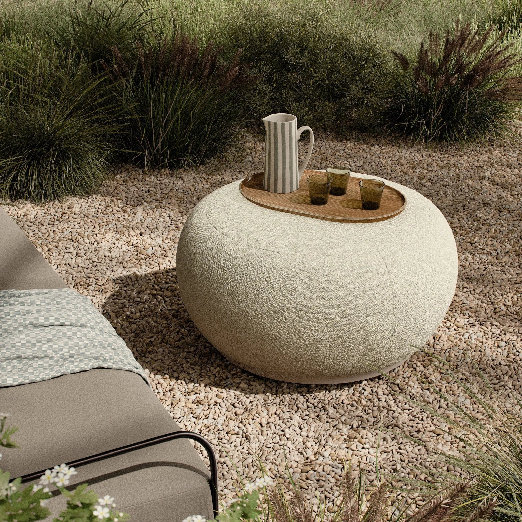 Simple, inflated shaping gets a textural upgrade on this outdoor ottoman, with boucle fabric all over on top of a pedestal base. Cover or store inside during inclement weather and when not in use.As lovers of clean aesthetics at Amethyst, we love the optimistic inspired Chip Outdoor Ottoman - Jasper Natural. Amethyst Home provides interior design, new home construction design consulting, vintage area rugs, and lighting in the Alpharetta metro area.
