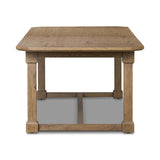 For dinners and buffets, large to small, this extension dining table serves the purpose. A low, trestle base of solid oak and veneers support the rectangular tabletop with a warm, drifted finish. On both ends, breadboard extensions provide the option to expand from 96" to 136" Amethyst Home provides interior design, new home construction design consulting, vintage area rugs, and lighting in the Laguna Beach metro area.