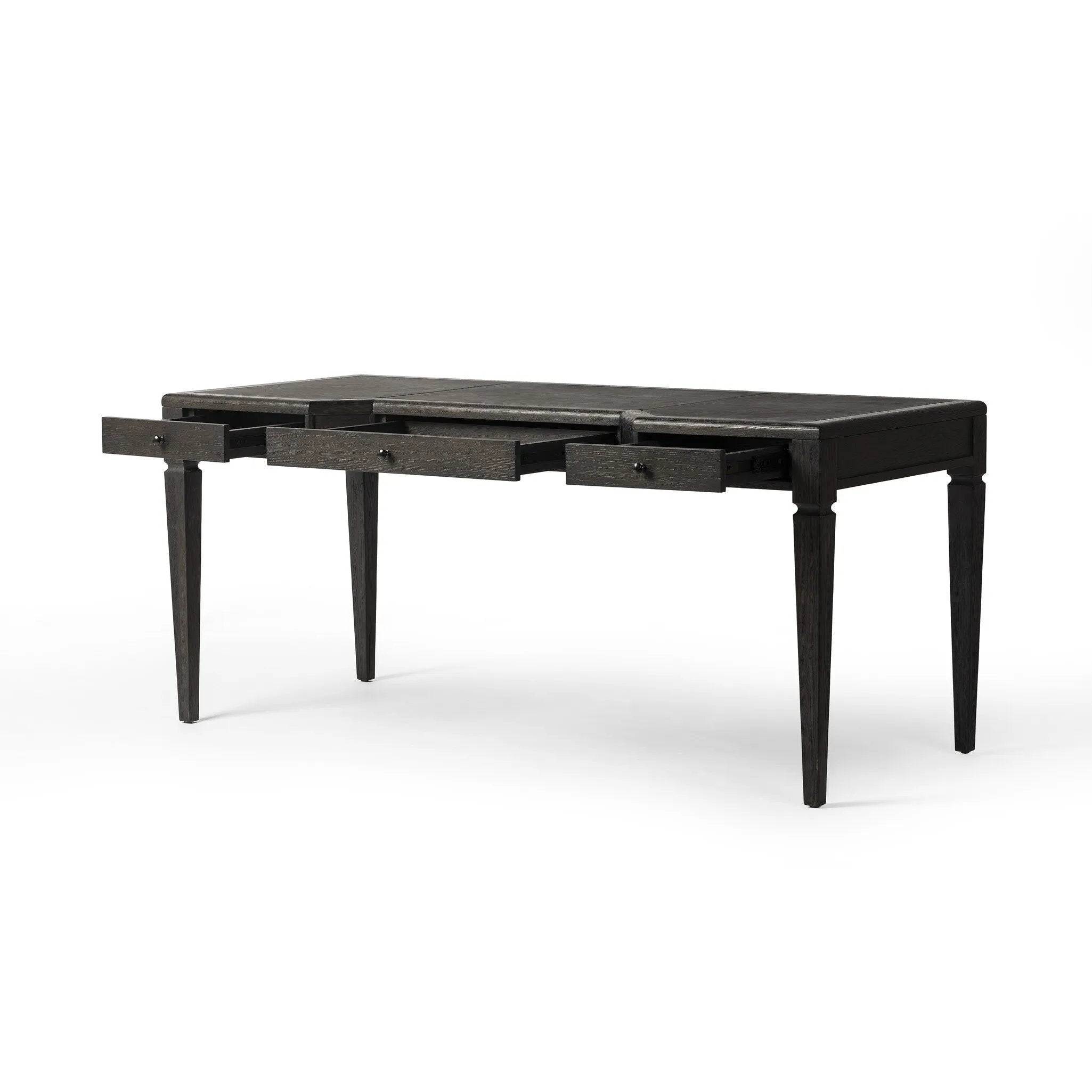 Featuring Claude Distressed Black Oak Veneer Desk by Four Hands at Amethyst Home. This refreshed directoire-style desk pairs a 100% top-grain leather inset top with a unique reverse breakfront and recessed center drawer. Finished in distressed black oak, it offers the workspace a classic yet updated feel.
Overall Dimensions: 28.0" L x 68.0 " W x 30.0" H
Mat. Amethyst Home provides interior design, new home construction design consulting, vintage area rugs, and lighting in the Calabasas metro area.
