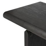 Bring a beautifully contoured look to your workspace with a desk inspired by Italian postmodernism. Connected by iron brackets, a dual-panel base supports a spacious tabletop of worn black oak, crafting a float-like look. Four drawers keep frequently used items within reach Amethyst Home provides interior design, new home construction design consulting, vintage area rugs, and lighting in the Charlotte metro area.