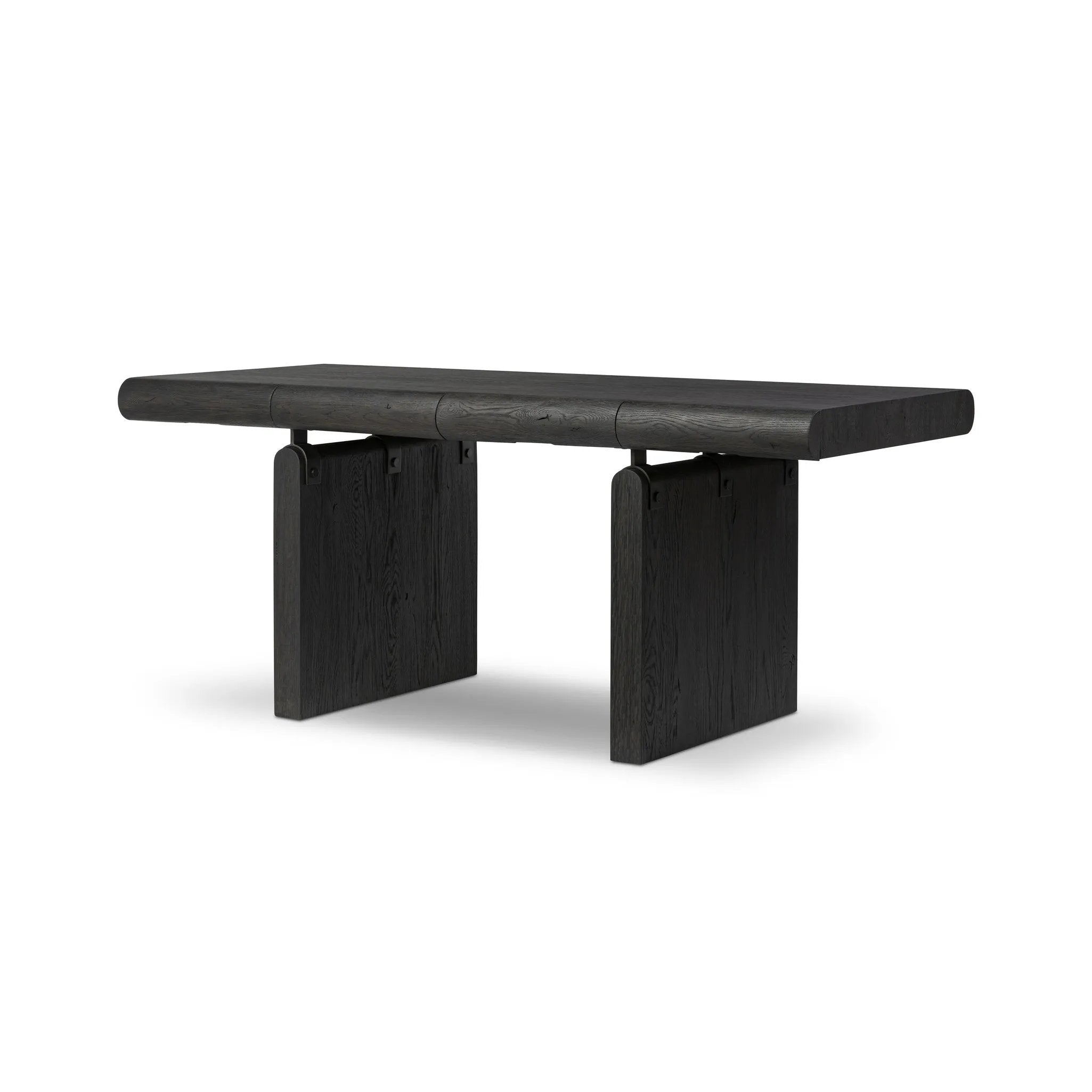 Bring a beautifully contoured look to your workspace with a desk inspired by Italian postmodernism. Connected by iron brackets, a dual-panel base supports a spacious tabletop of worn black oak, crafting a float-like look. Four drawers keep frequently used items within reach Amethyst Home provides interior design, new home construction design consulting, vintage area rugs, and lighting in the Nashville metro area.