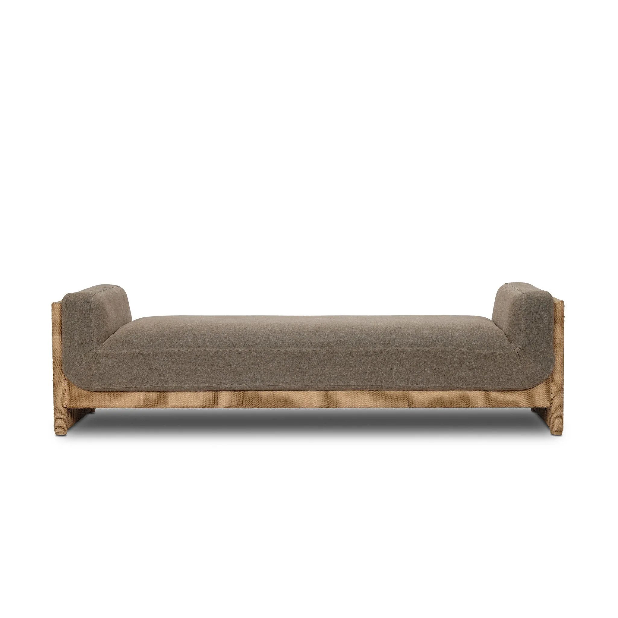 Flanked by natural basketweave detail for a casual, coastal vibe and inset with a thick seat, this chaise makes an attractive addition to open spaces. Double-twisted paper cord wrapping adds visual interest to the eucalyptus frame, which holds the naturally pleated, upholstered seat. Amethyst Home provides interior design, new home construction design consulting, vintage area rugs, and lighting in the Los Angeles metro area.