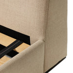 Featuring Colt Irving Flax Bed by Four Hands at Amethyst Home. A soft, curved headboard and rounded footboard create a cocoon-like effect in this thoughtfully designed bed. Upholstered in a chunky basket weave high-performance fabric. Performance fabrics are specially created to withstand spills, stains, high traffic, and wear, ensuring long-term comfort and u. Amethyst Home provides interior design, new home construction design consulting, vintage area rugs, and lighting in the Dallas metro area.