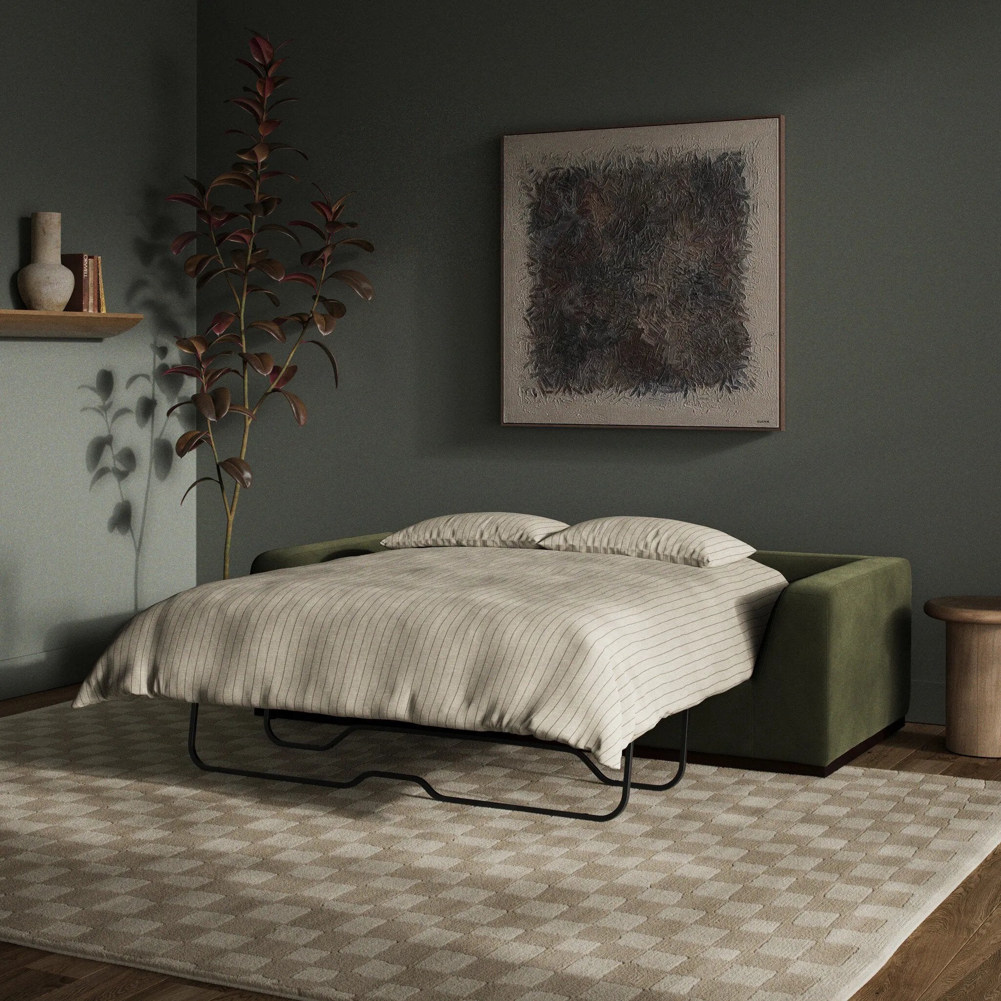 A simply styled sofa with a convenient queen-size pullout bed for guests. Due to the customized nature of made-to-order pieces, no cancellations or returns are accepted Amethyst Home provides interior design, new home construction design consulting, vintage area rugs, and lighting in the Nashville metro area.