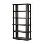 Unexpected contours give this bookcase its warm, modern vibe. Crafted oak veneer with a worn black finish, rounded legs are inset from the shelves with a plinth-like effect Amethyst Home provides interior design, new home construction design consulting, vintage area rugs, and lighting in the Boston metro area.