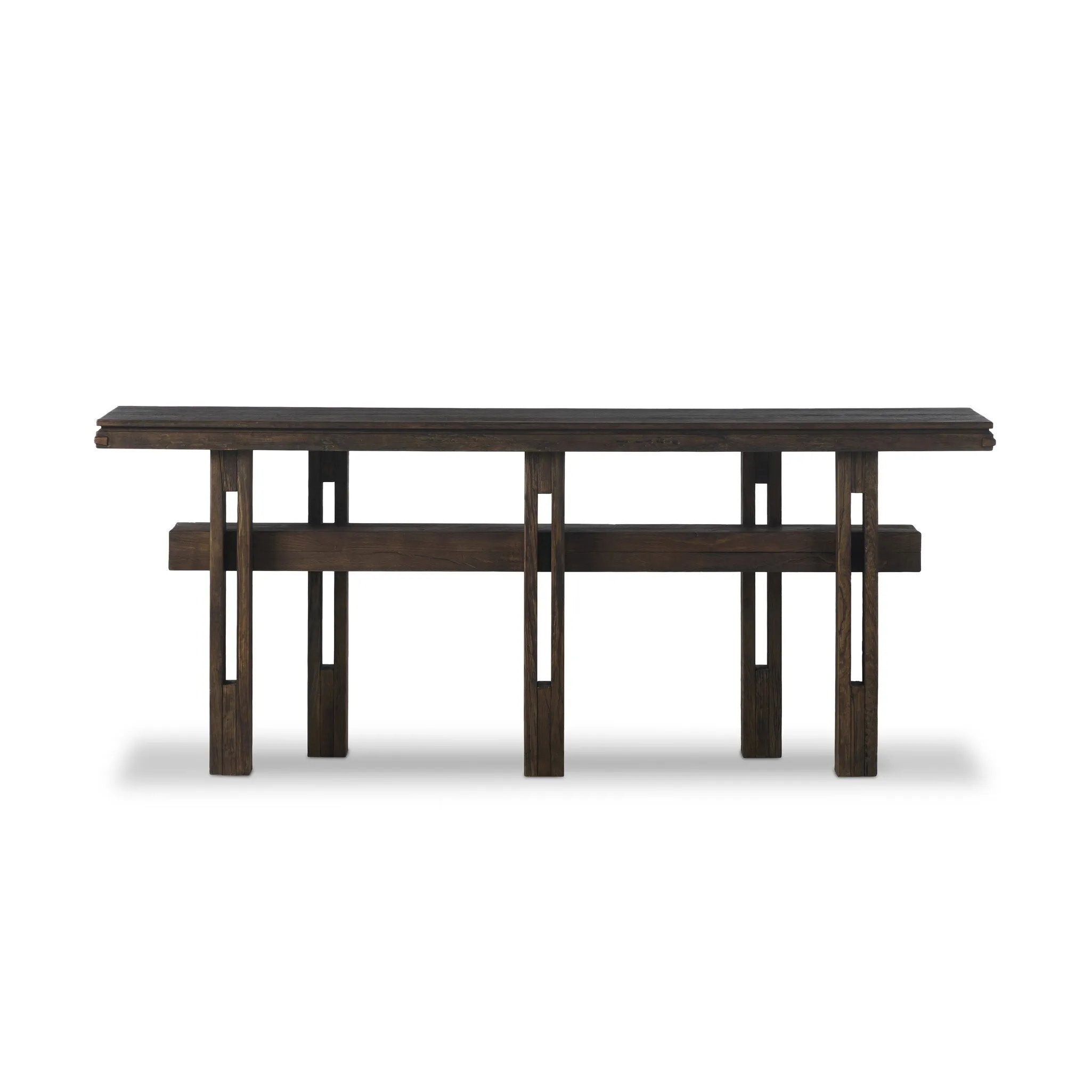 Crafted from smoked alder, this Wabi Sabi-inspired console brings an organic look to your space. With staggered legs, chamfered edges and a central stretcher, this piece is perfect for media display or styled in the living room or entryway Amethyst Home provides interior design, new home construction design consulting, vintage area rugs, and lighting in the Calabasas metro area.