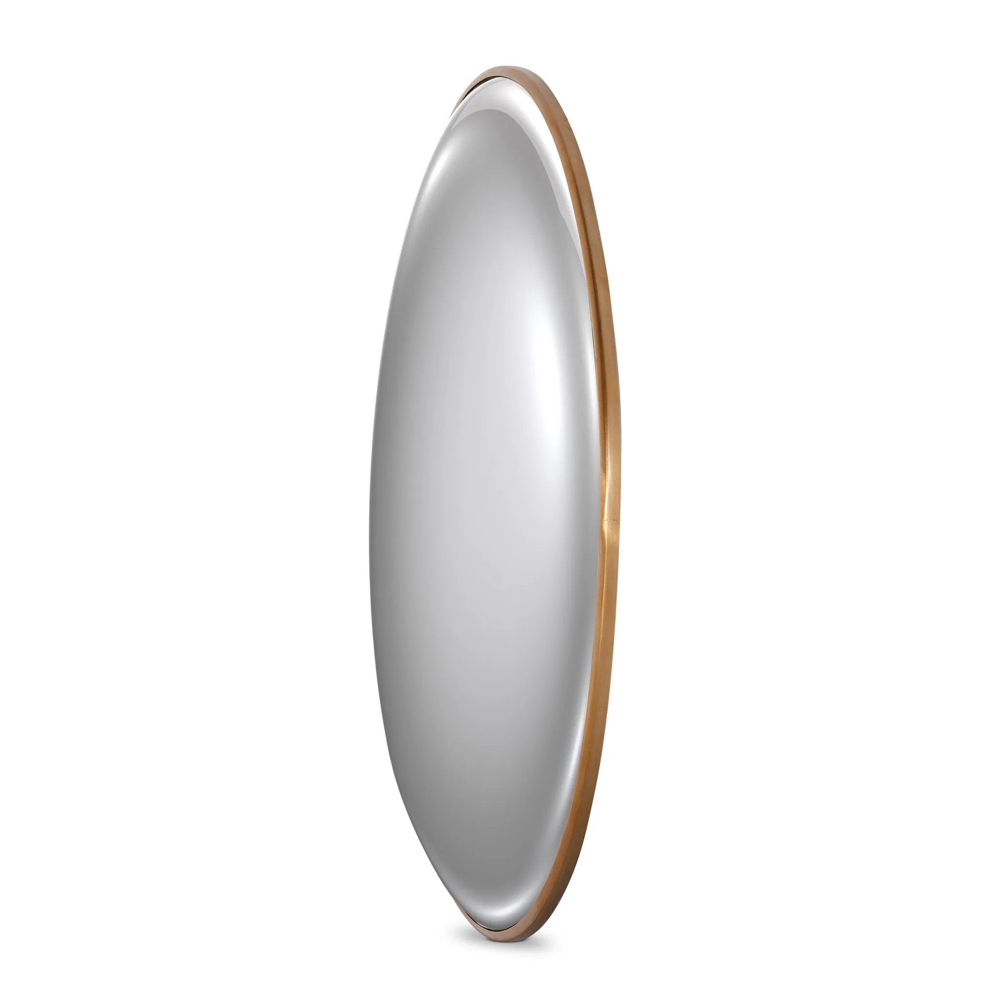 Featuring Convex Vintage Brass Wall Mirror by Four Hands at Amethyst Home. A slim frame in vintage brass-finished iron cradles this oversized mirror's convex curve. Bold yet refined, it amplifies space and light as a captivating focal point.Overall Dimensions: 46.50"w x 5.00"d x 46.50"hWeight : 56.31 lbsMaterials : Iron, Mirror, Engineered Hardwood. Amethyst Home provides interior design, new home construction design consulting, vintage area rugs, and lighting in the Newport Beach metro area.