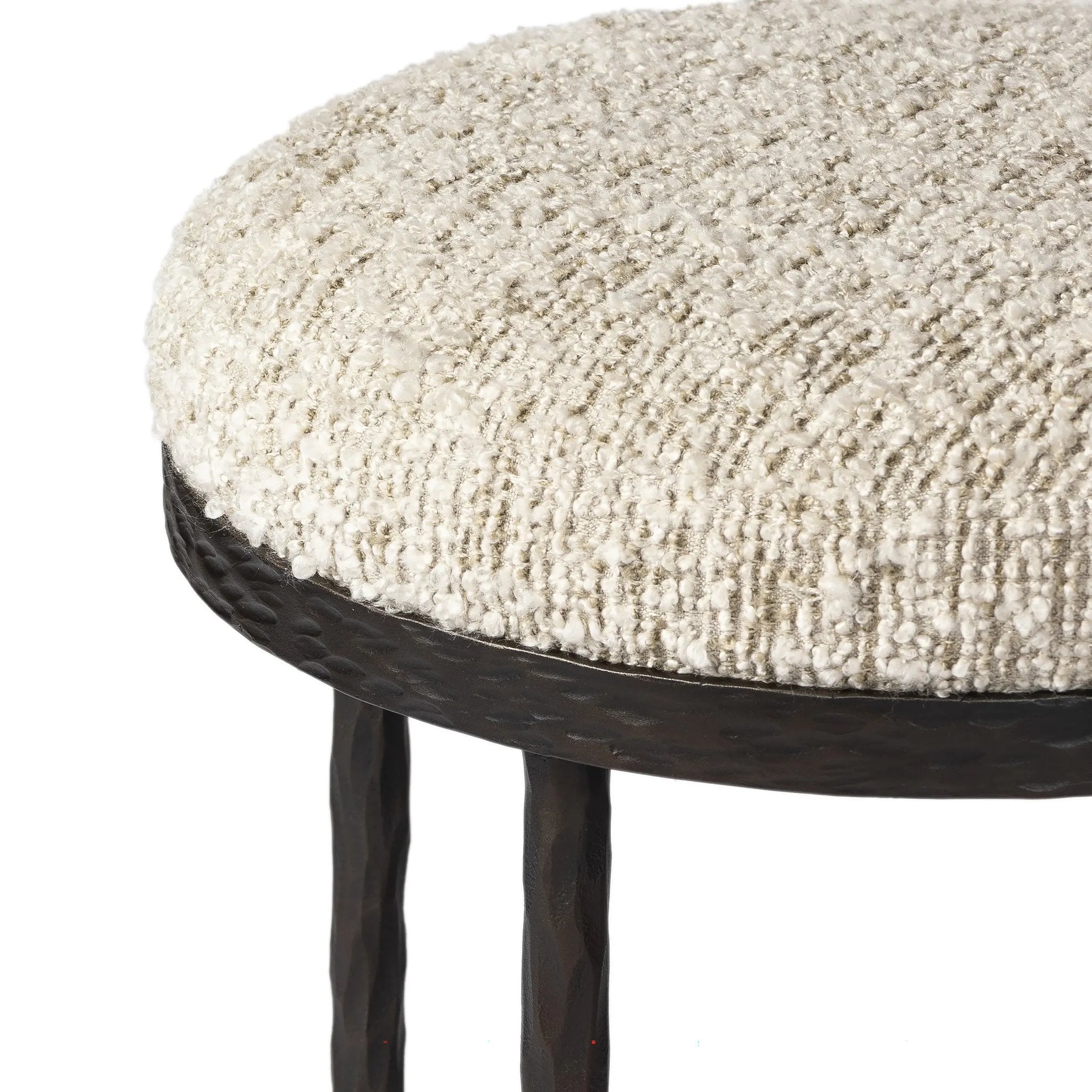 Featuring Corinne Ivan Stone Bar + Counter Stool by Four Hands at Amethyst Home. Hammered bronze legs with ball-shaped foot details elevate this simply shaped counter stool. A round, cushioned seat in a heavy boucle-like fabric finishes this counter-height stool's clean, inviting look.BarOverall Dimensions: 17.00"w x 17.00"d x 31.25"hWeight: 32.19 lbsCounterOve. Amethyst Home provides interior design, new home construction design consulting, vintage area rugs, and lighting in the Miami metro area.