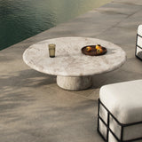 Soft curves define this classic pedestal-style outdoor coffee table. Cast concrete is finished with a natural water transfer finish meant to mimic natural veined marble. Cover or store inside during inclement weather and when not in use. Amethyst Home provides interior design, new home construction design consulting, vintage area rugs, and lighting in the Alpharetta metro area.