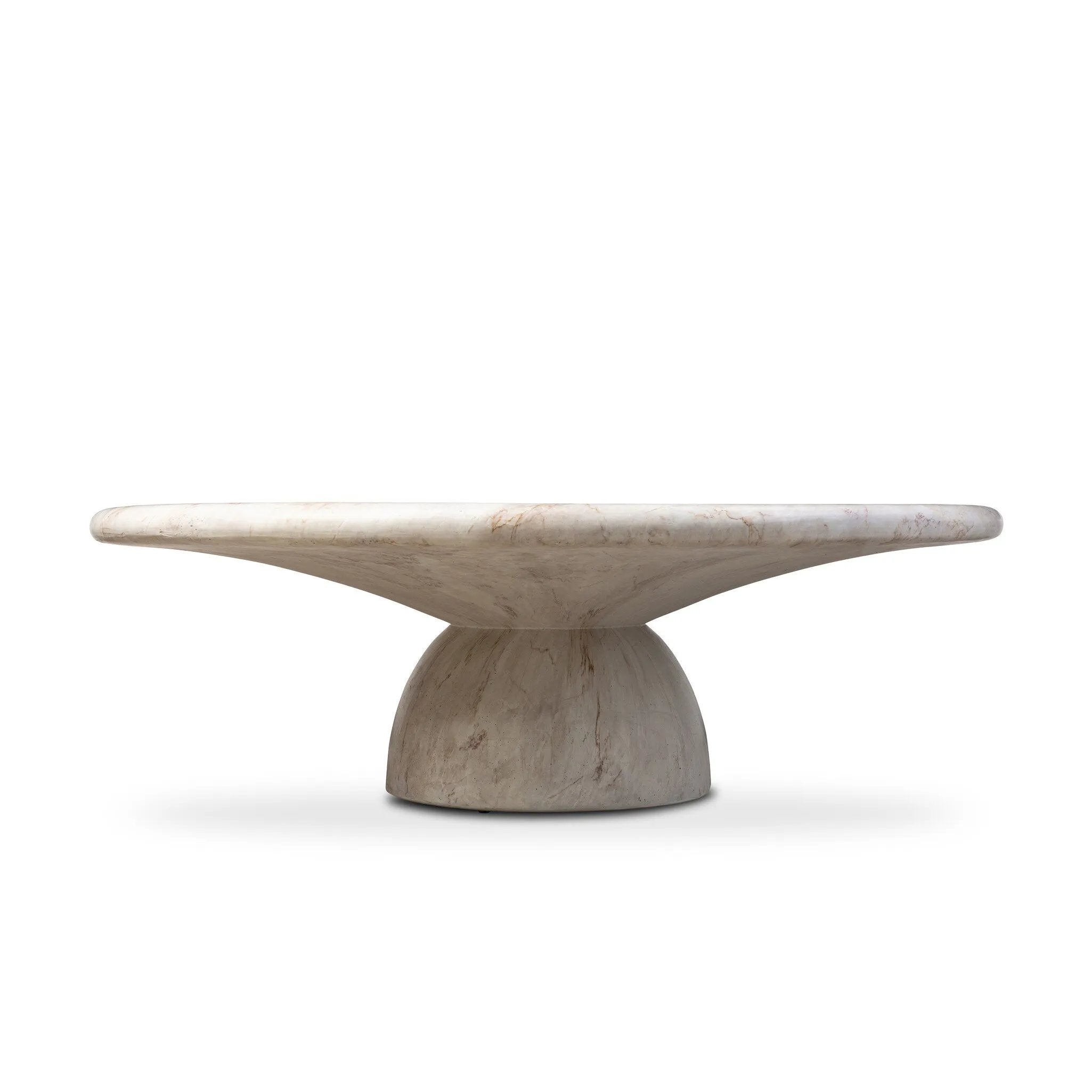 Soft curves define this classic pedestal-style outdoor coffee table. Cast concrete is finished with a natural water transfer finish meant to mimic natural veined marble. Cover or store inside during inclement weather and when not in use. Amethyst Home provides interior design, new home construction design consulting, vintage area rugs, and lighting in the Dallas metro area.