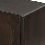 Sleek and versatile, this rich brown oak media console features soft corners and edges, two exterior doors and an open center compartment for storage and display. Rear cutouts for cord management.As enthusiasts of luxe style at Amethyst, we love the designer inspired Cosgrove Media Console - Espresso Oak Veneer. Amethyst Home provides interior design, new home construction design consulting, vintage area rugs, and lighting in the Houston metro area.