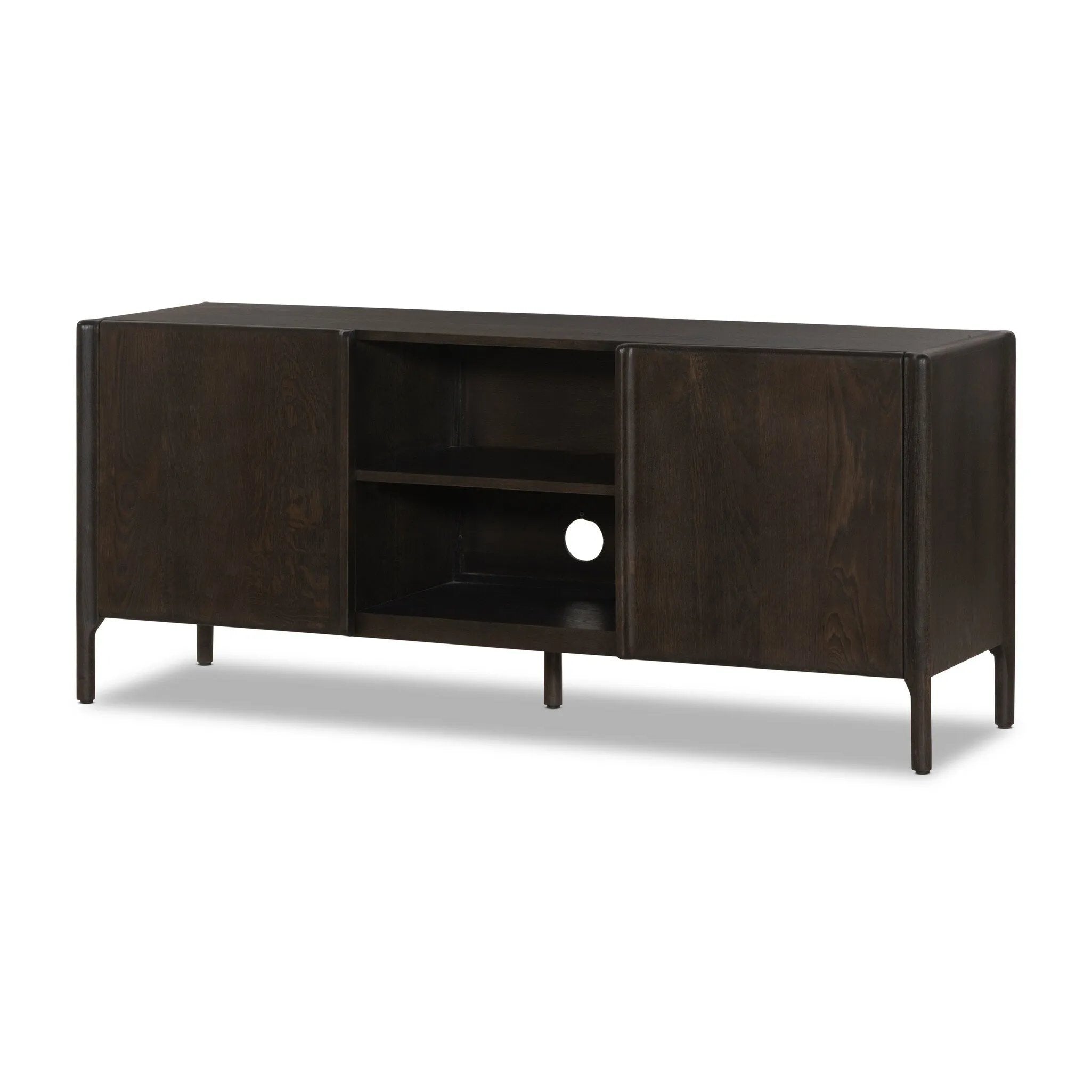 Sleek and versatile, this rich brown oak media console features soft corners and edges, two exterior doors and an open center compartment for storage and display. Rear cutouts for cord management.As enthusiasts of luxe style at Amethyst, we love the designer inspired Cosgrove Media Console - Espresso Oak Veneer. Amethyst Home provides interior design, new home construction design consulting, vintage area rugs, and lighting in the Kansas City metro area.