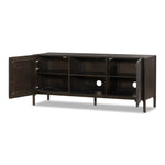 Sleek and versatile, this rich brown oak media console features soft corners and edges, two exterior doors and an open center compartment for storage and display. Rear cutouts for cord management.As enthusiasts of luxe style at Amethyst, we love the designer inspired Cosgrove Media Console - Espresso Oak Veneer. Amethyst Home provides interior design, new home construction design consulting, vintage area rugs, and lighting in the Laguna Beach metro area.
