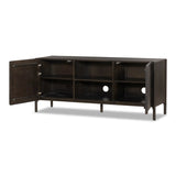 Sleek and versatile, this rich brown oak media console features soft corners and edges, two exterior doors and an open center compartment for storage and display. Rear cutouts for cord management.As enthusiasts of luxe style at Amethyst, we love the designer inspired Cosgrove Media Console - Espresso Oak Veneer. Amethyst Home provides interior design, new home construction design consulting, vintage area rugs, and lighting in the Laguna Beach metro area.