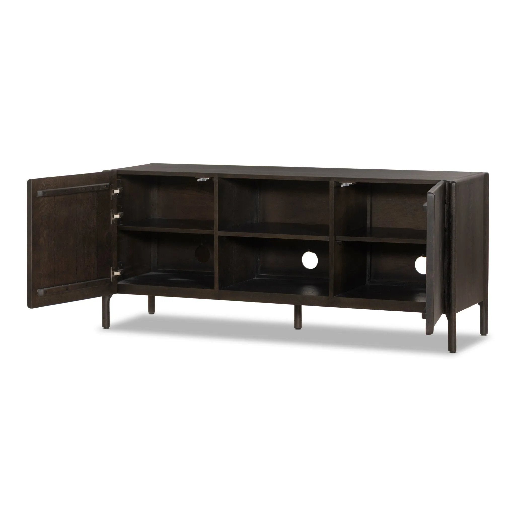 Sleek and versatile, this rich brown oak media console features soft corners and edges, two exterior doors and an open center compartment for storage and display. Rear cutouts for cord management.As enthusiasts of luxe style at Amethyst, we love the designer inspired Cosgrove Media Console - Espresso Oak Veneer. Amethyst Home provides interior design, new home construction design consulting, vintage area rugs, and lighting in the Laguna Beach metro area.