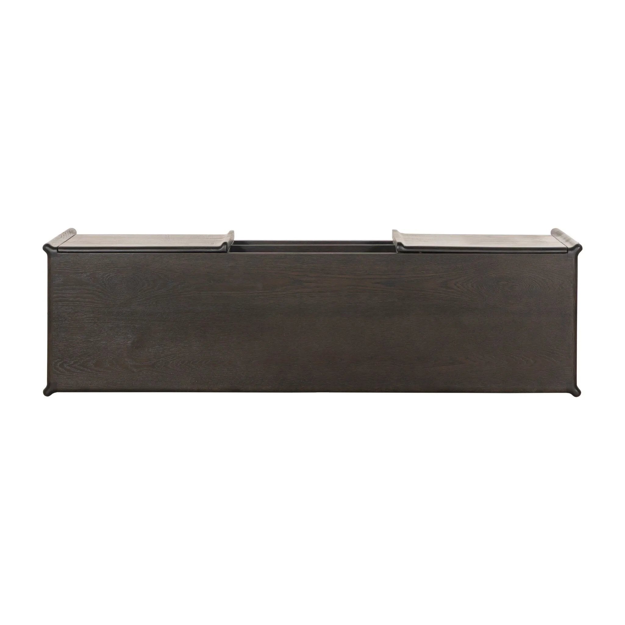 Sleek and versatile, this rich brown oak media console features soft corners and edges, two exterior doors and an open center compartment for storage and display. Rear cutouts for cord management.As enthusiasts of luxe style at Amethyst, we love the designer inspired Cosgrove Media Console - Espresso Oak Veneer. Amethyst Home provides interior design, new home construction design consulting, vintage area rugs, and lighting in the Los Angeles metro area.