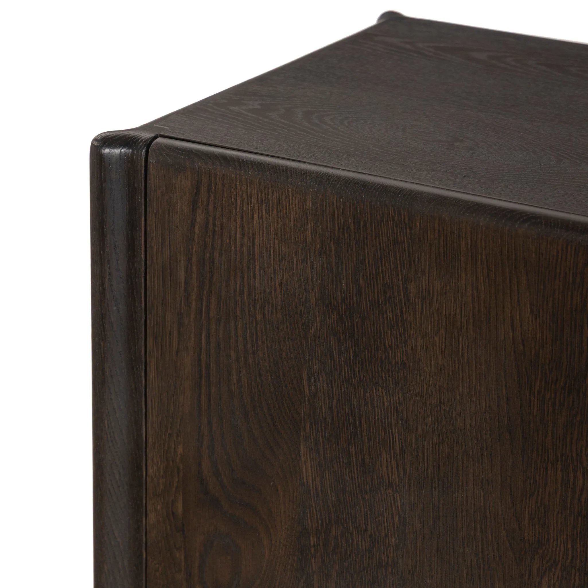 Sleek and versatile, this rich brown oak media console features soft corners and edges, two exterior doors and an open center compartment for storage and display. Rear cutouts for cord management.As enthusiasts of luxe style at Amethyst, we love the designer inspired Cosgrove Media Console - Espresso Oak Veneer. Amethyst Home provides interior design, new home construction design consulting, vintage area rugs, and lighting in the Newport Beach metro area.