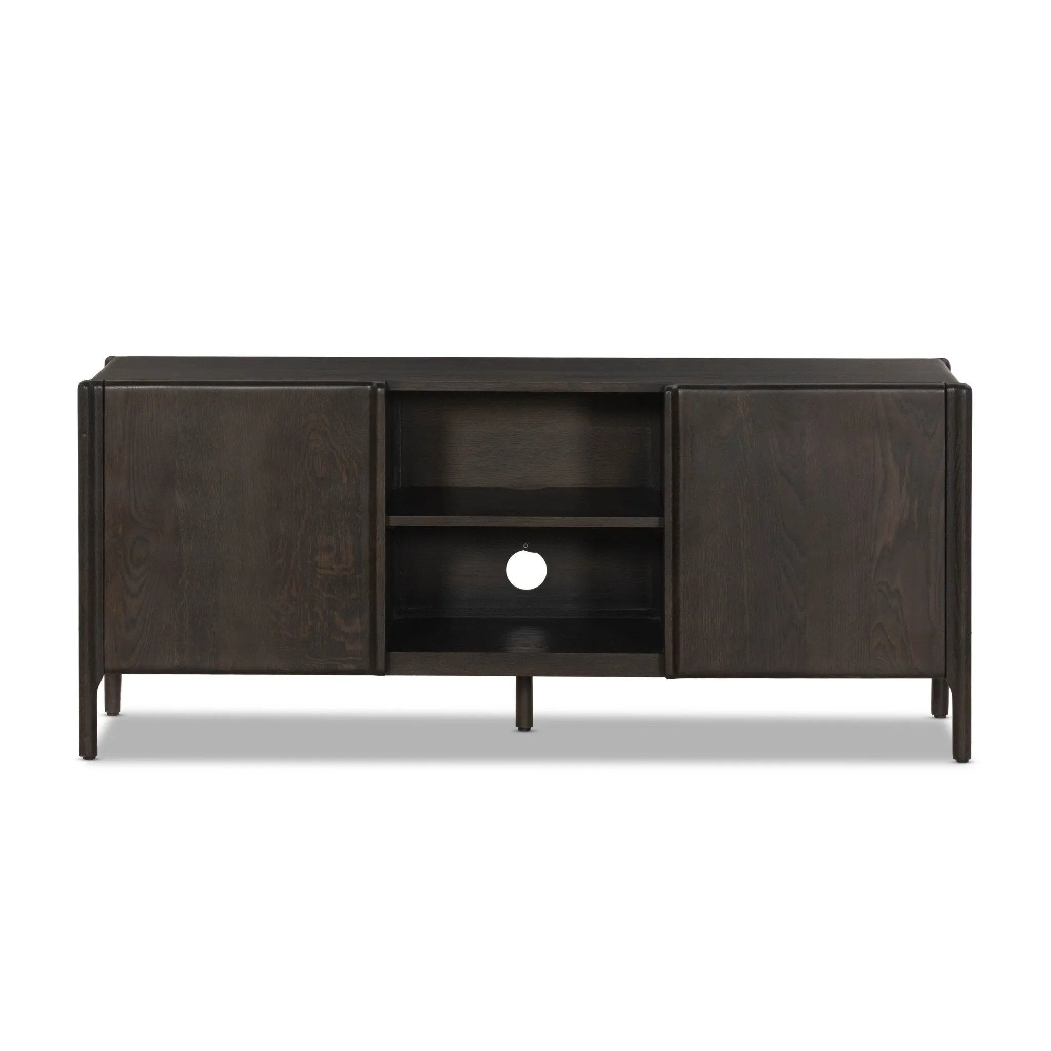 Sleek and versatile, this rich brown oak media console features soft corners and edges, two exterior doors and an open center compartment for storage and display. Rear cutouts for cord management.As enthusiasts of luxe style at Amethyst, we love the designer inspired Cosgrove Media Console - Espresso Oak Veneer. Amethyst Home provides interior design, new home construction design consulting, vintage area rugs, and lighting in the Salt Lake City metro area.