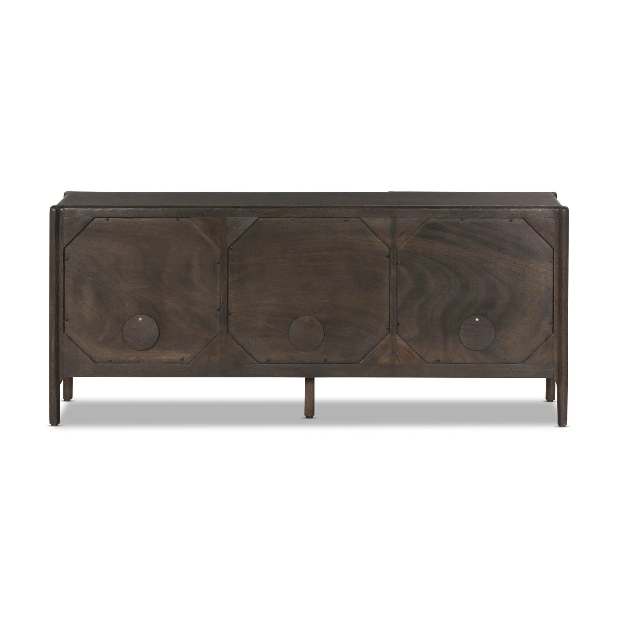 Sleek and versatile, this rich brown oak media console features soft corners and edges, two exterior doors and an open center compartment for storage and display. Rear cutouts for cord management.As enthusiasts of luxe style at Amethyst, we love the designer inspired Cosgrove Media Console - Espresso Oak Veneer. Amethyst Home provides interior design, new home construction design consulting, vintage area rugs, and lighting in the Scottsdale metro area.