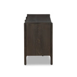 Sleek and versatile, this rich brown oak media console features soft corners and edges, two exterior doors and an open center compartment for storage and display. Rear cutouts for cord management.As enthusiasts of luxe style at Amethyst, we love the designer inspired Cosgrove Media Console - Espresso Oak Veneer. Amethyst Home provides interior design, new home construction design consulting, vintage area rugs, and lighting in the Washington metro area.