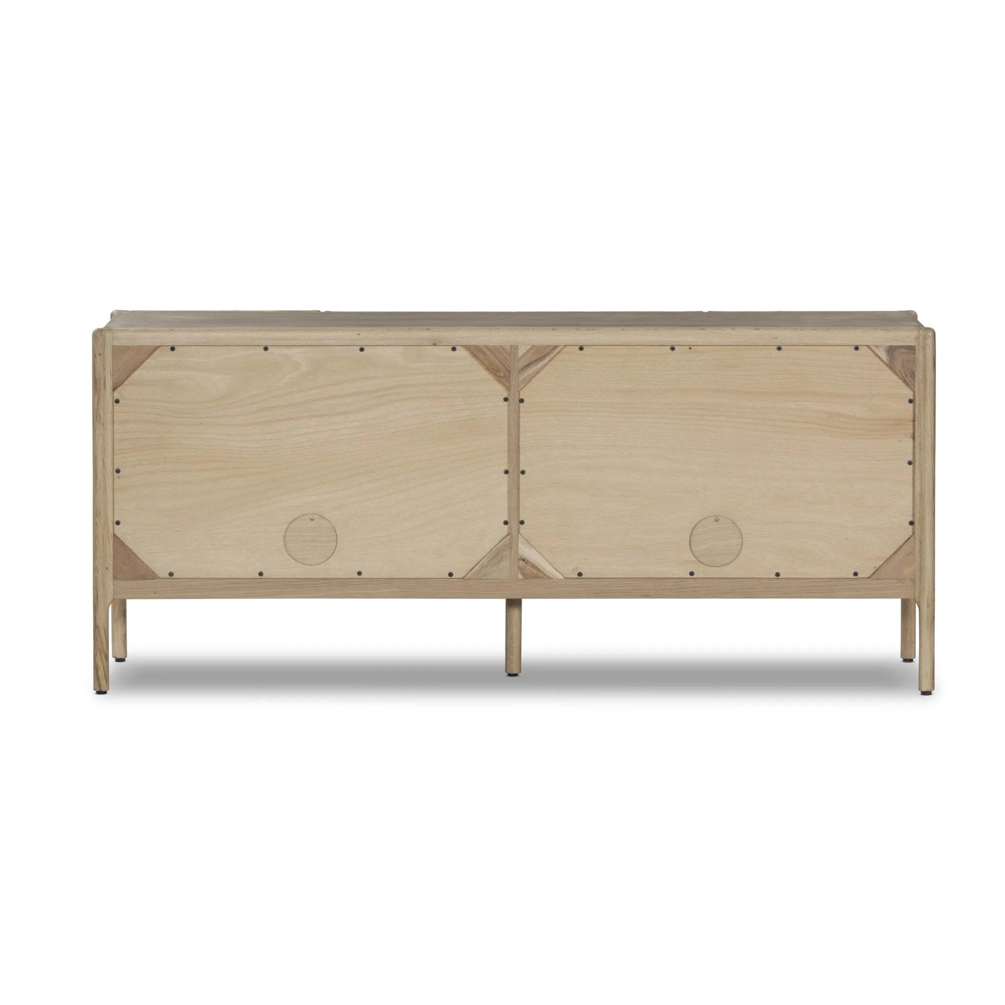 Add storage to your dining space, plus a look of beautiful simplicity. Crafted of light natural oak, with cylindrical legs and rounded detailing throughout the case. Spacious inside awaits storage of favorite table linens, serveware and more. Amethyst Home provides interior design, new home construction design consulting, vintage area rugs, and lighting in the Houston metro area.