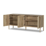 Add storage to your dining space, plus a look of beautiful simplicity. Crafted of light natural oak, with cylindrical legs and rounded detailing throughout the case. Spacious inside awaits storage of favorite table linens, serveware and more. Amethyst Home provides interior design, new home construction design consulting, vintage area rugs, and lighting in the Miami metro area.