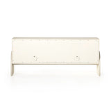 Talk about novelty. Made from painted linen in a light ivory, arched legs soften otherwise clean, modern shaping. Finished in an antique brass, half-moon iron hardware completes the look. Dual rear cutouts for cord management Amethyst Home provides interior design, new home construction design consulting, vintage area rugs, and lighting in the Des Moines metro area.
