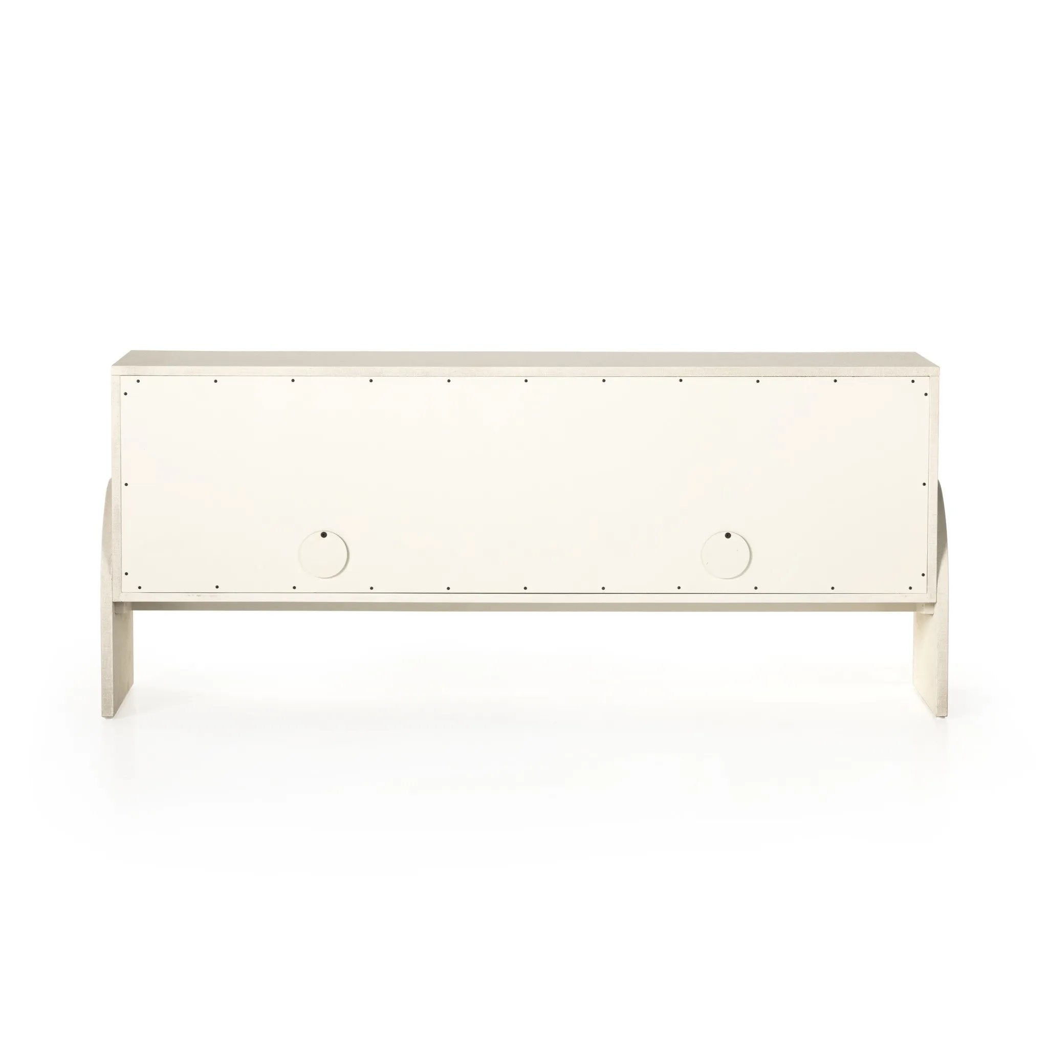 Talk about novelty. Made from painted linen in a light ivory, arched legs soften otherwise clean, modern shaping. Finished in an antique brass, half-moon iron hardware completes the look. Dual rear cutouts for cord management Amethyst Home provides interior design, new home construction design consulting, vintage area rugs, and lighting in the Des Moines metro area.