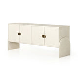Talk about novelty. Made from painted linen in a light ivory, arched legs soften otherwise clean, modern shaping. Finished in an antique brass, half-moon iron hardware completes the look. Dual rear cutouts for cord management Amethyst Home provides interior design, new home construction design consulting, vintage area rugs, and lighting in the Houston metro area.