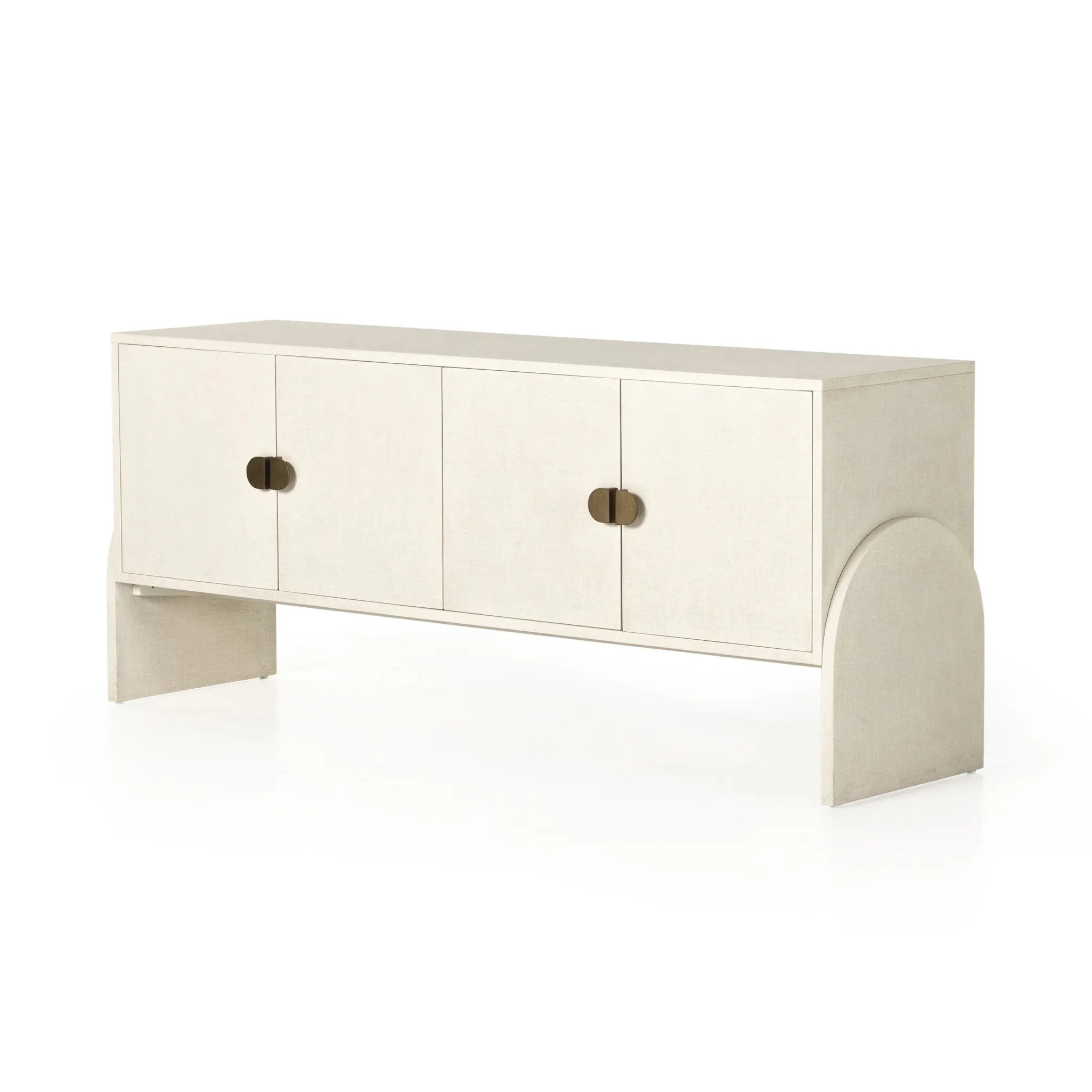 Talk about novelty. Made from painted linen in a light ivory, arched legs soften otherwise clean, modern shaping. Finished in an antique brass, half-moon iron hardware completes the look. Dual rear cutouts for cord management Amethyst Home provides interior design, new home construction design consulting, vintage area rugs, and lighting in the Houston metro area.