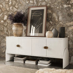 Talk about novelty. Made from painted linen in a light ivory, arched legs soften otherwise clean, modern shaping. Finished in an antique brass, half-moon iron hardware completes the look. Dual rear cutouts for cord management Amethyst Home provides interior design, new home construction design consulting, vintage area rugs, and lighting in the Monterey metro area.