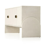 Talk about novelty. Made from painted linen in a light ivory, arched legs soften otherwise clean, modern shaping. Finished in an antique brass, half-moon iron hardware completes the look. Dual rear cutouts for cord management Amethyst Home provides interior design, new home construction design consulting, vintage area rugs, and lighting in the Omaha metro area.