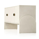 Talk about novelty. Made from painted linen in a light ivory, arched legs soften otherwise clean, modern shaping. Finished in an antique brass, half-moon iron hardware completes the look. Dual rear cutouts for cord management Amethyst Home provides interior design, new home construction design consulting, vintage area rugs, and lighting in the Omaha metro area.