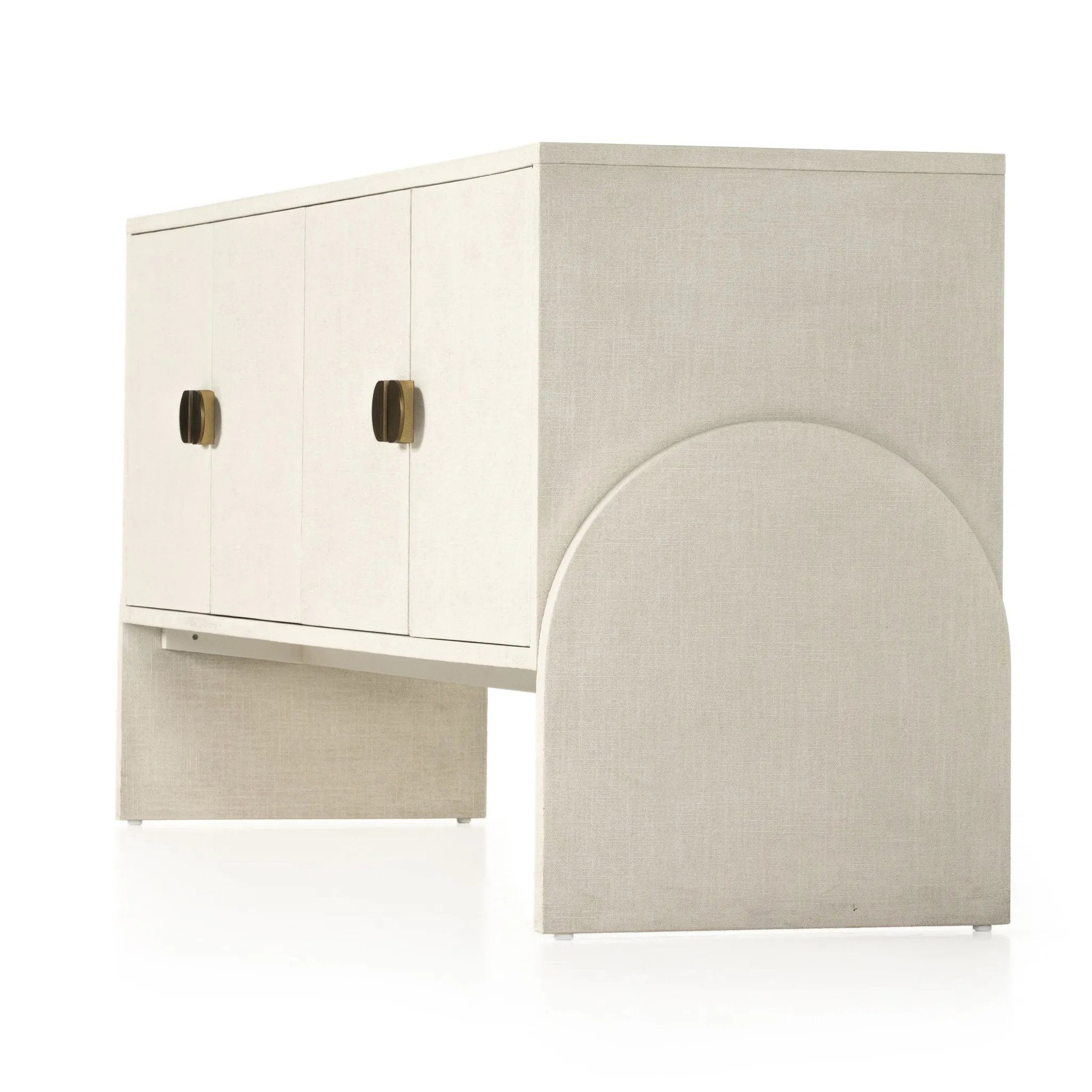 Talk about novelty. Made from painted linen in a light ivory, arched legs soften otherwise clean, modern shaping. Finished in an antique brass, half-moon iron hardware completes the look. Dual rear cutouts for cord management Amethyst Home provides interior design, new home construction design consulting, vintage area rugs, and lighting in the Omaha metro area.