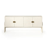 Talk about novelty. Made from painted linen in a light ivory, arched legs soften otherwise clean, modern shaping. Finished in an antique brass, half-moon iron hardware completes the look. Dual rear cutouts for cord management Amethyst Home provides interior design, new home construction design consulting, vintage area rugs, and lighting in the Park City metro area.