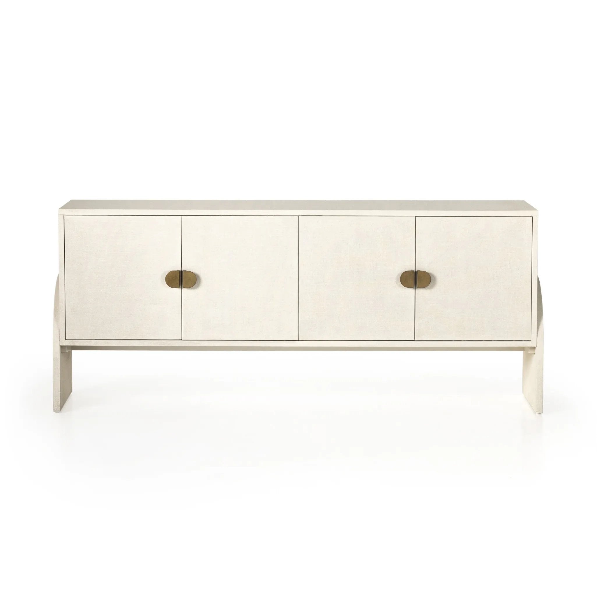 Talk about novelty. Made from painted linen in a light ivory, arched legs soften otherwise clean, modern shaping. Finished in an antique brass, half-moon iron hardware completes the look. Dual rear cutouts for cord management Amethyst Home provides interior design, new home construction design consulting, vintage area rugs, and lighting in the Park City metro area.