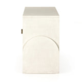 Talk about novelty. Made from painted linen in a light ivory, arched legs soften otherwise clean, modern shaping. Finished in an antique brass, half-moon iron hardware completes the look. Dual rear cutouts for cord management Amethyst Home provides interior design, new home construction design consulting, vintage area rugs, and lighting in the Salt Lake City metro area.
