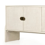 Talk about novelty. Made from painted linen in a light ivory, arched legs soften otherwise clean, modern shaping. Finished in an antique brass, half-moon iron hardware completes the look. Dual rear cutouts for cord management Amethyst Home provides interior design, new home construction design consulting, vintage area rugs, and lighting in the Seattle metro area.