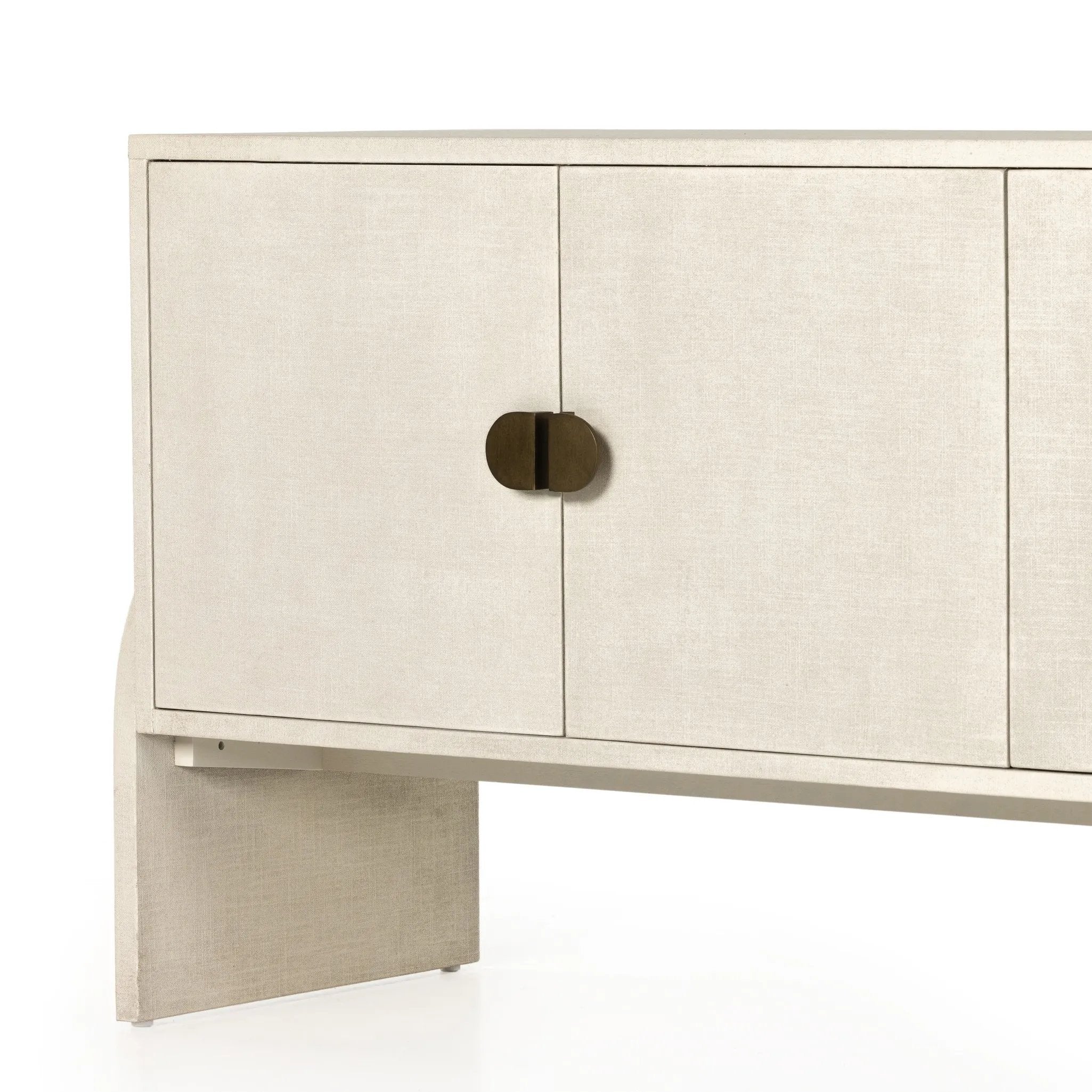 Talk about novelty. Made from painted linen in a light ivory, arched legs soften otherwise clean, modern shaping. Finished in an antique brass, half-moon iron hardware completes the look. Dual rear cutouts for cord management Amethyst Home provides interior design, new home construction design consulting, vintage area rugs, and lighting in the Seattle metro area.