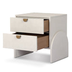 Talk about novelty. Made from painted linen in a light ivory, arched legs soften otherwise clean, modern shaping. Two drawers bring storage to the bedside while half-moon iron hardware adds a hint of art deco style Amethyst Home provides interior design, new home construction design consulting, vintage area rugs, and lighting in the Salt Lake City metro area.