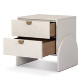 Talk about novelty. Made from painted linen in a light ivory, arched legs soften otherwise clean, modern shaping. Two drawers bring storage to the bedside while half-moon iron hardware adds a hint of art deco style Amethyst Home provides interior design, new home construction design consulting, vintage area rugs, and lighting in the Salt Lake City metro area.
