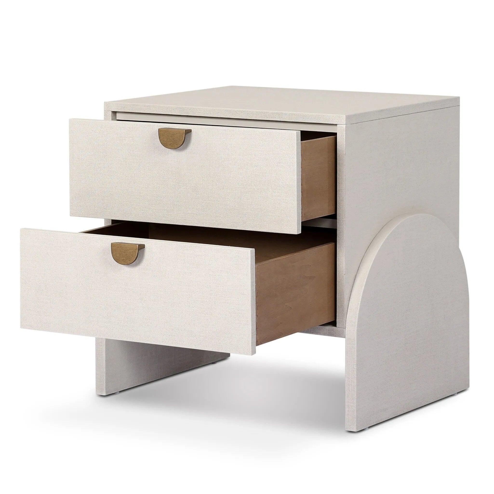 Talk about novelty. Made from painted linen in a light ivory, arched legs soften otherwise clean, modern shaping. Two drawers bring storage to the bedside while half-moon iron hardware adds a hint of art deco style Amethyst Home provides interior design, new home construction design consulting, vintage area rugs, and lighting in the Salt Lake City metro area.