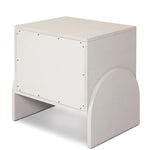 Talk about novelty. Made from painted linen in a light ivory, arched legs soften otherwise clean, modern shaping. Two drawers bring storage to the bedside while half-moon iron hardware adds a hint of art deco style Amethyst Home provides interior design, new home construction design consulting, vintage area rugs, and lighting in the San Diego metro area.