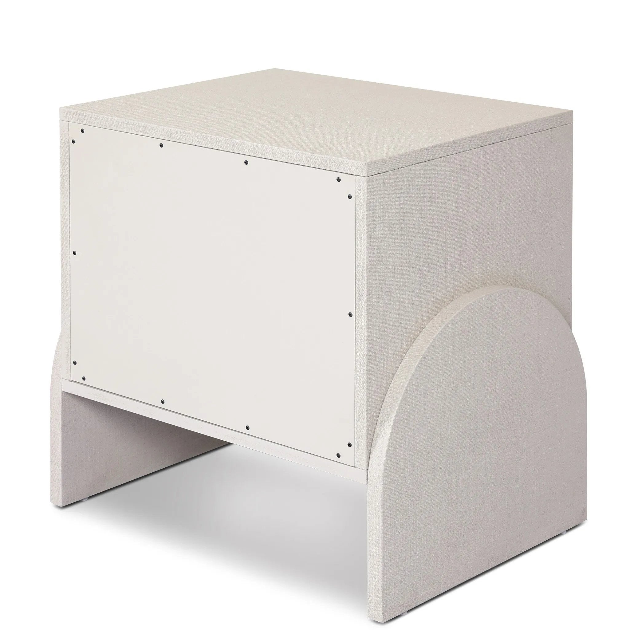 Talk about novelty. Made from painted linen in a light ivory, arched legs soften otherwise clean, modern shaping. Two drawers bring storage to the bedside while half-moon iron hardware adds a hint of art deco style Amethyst Home provides interior design, new home construction design consulting, vintage area rugs, and lighting in the San Diego metro area.