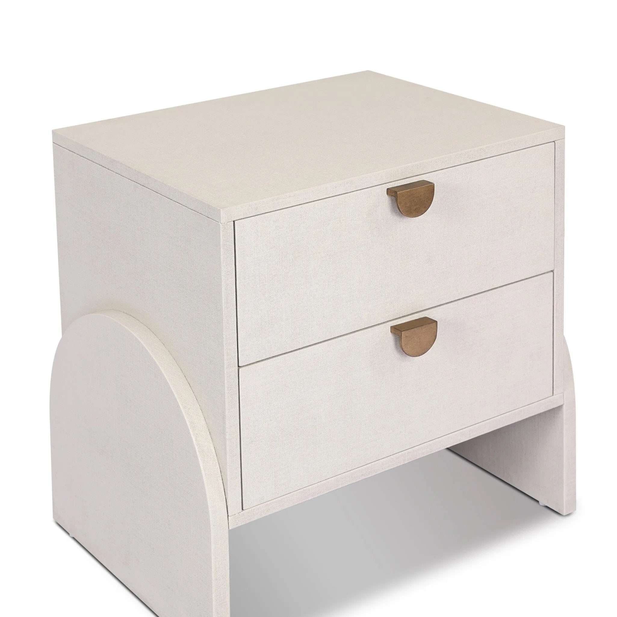 Talk about novelty. Made from painted linen in a light ivory, arched legs soften otherwise clean, modern shaping. Two drawers bring storage to the bedside while half-moon iron hardware adds a hint of art deco style Amethyst Home provides interior design, new home construction design consulting, vintage area rugs, and lighting in the Tampa metro area.