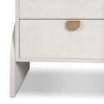 Talk about novelty. Made from painted linen in a light ivory, arched legs soften otherwise clean, modern shaping. Two drawers bring storage to the bedside while half-moon iron hardware adds a hint of art deco style Amethyst Home provides interior design, new home construction design consulting, vintage area rugs, and lighting in the Winter Garden metro area.
