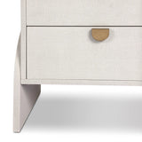 Talk about novelty. Made from painted linen in a light ivory, arched legs soften otherwise clean, modern shaping. Two drawers bring storage to the bedside while half-moon iron hardware adds a hint of art deco style Amethyst Home provides interior design, new home construction design consulting, vintage area rugs, and lighting in the Winter Garden metro area.